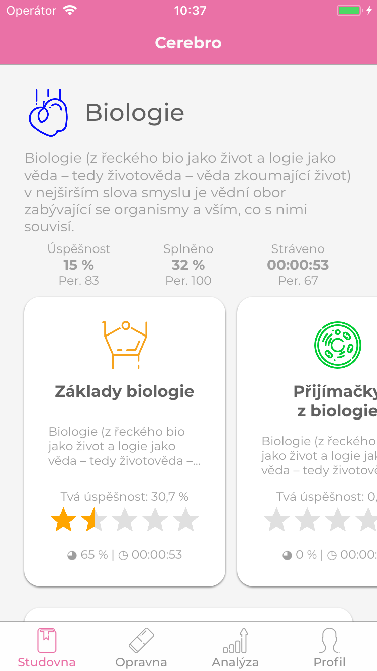 Aplikace Cerebro, kapitoly