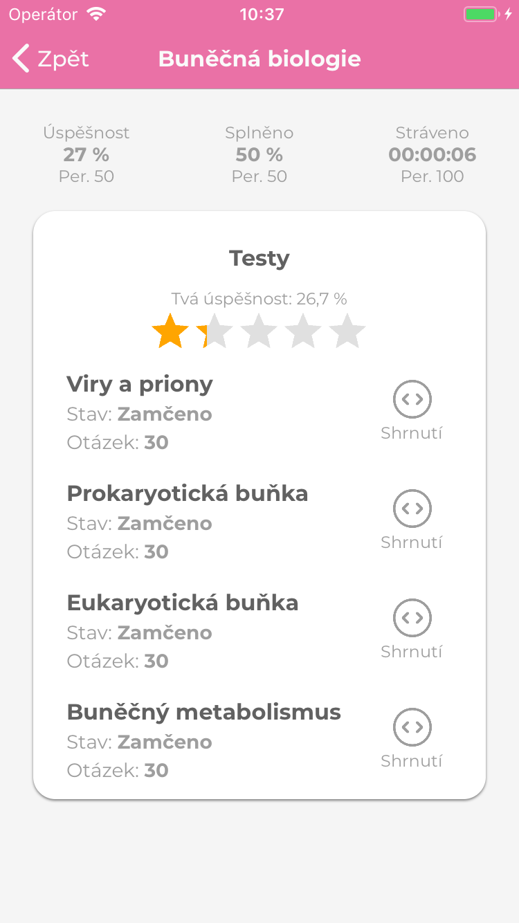 Aplikace Cerebro, seznam testů